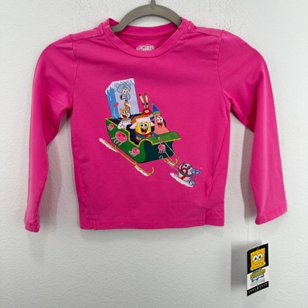 SpongeBob SquarePants Andy‎ & Evan Pink Long Sleeve Shirt Christmas Santa Sleigh